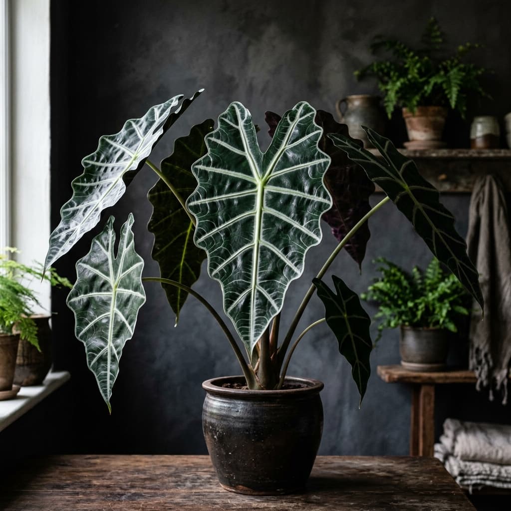 A lush Alocasia with large dark green leaves and striking white veins, photographed against a dark wall in moody side lighting