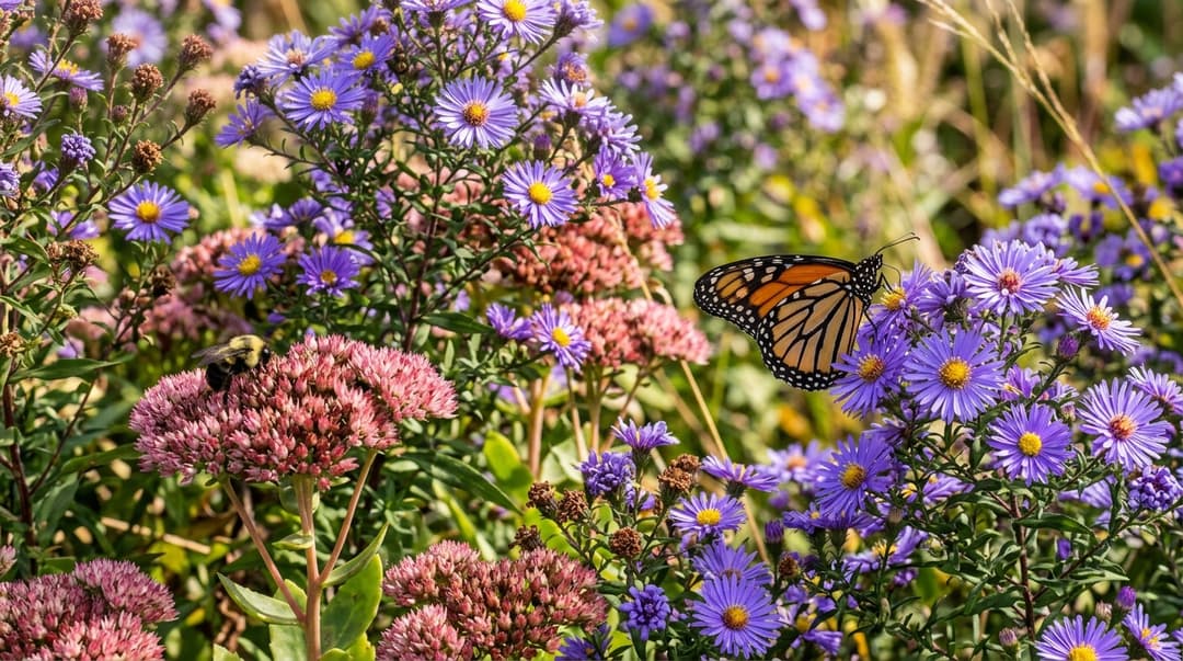 Late season pollinator perennial border in September with vibrant purple asters and dusky-pink upright stonecrop sedum buzzing with bumblebees and monarch butterflies