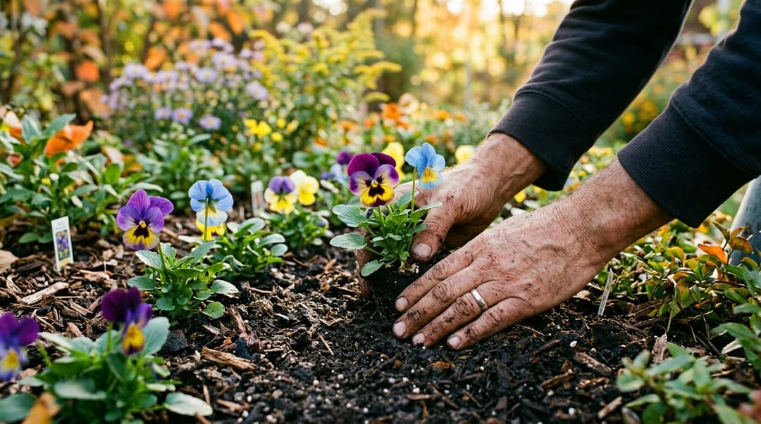 Gardener gently planting purple and yellow pansy seedlings into rich dark soil border in early autumn