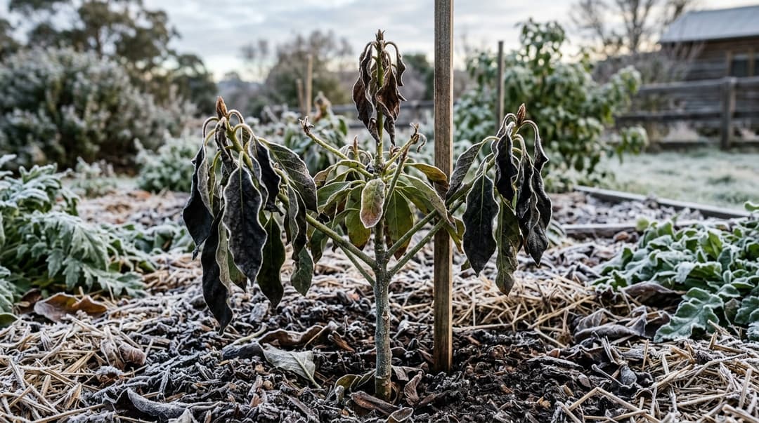 Young avocado tree showing severe winter frost damage with blackened limp leaves and dying shoots surrounded by frost on garden mulch