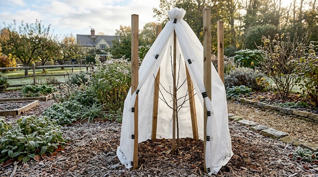 Young avocado tree in a garden protected from winter frost with four sturdy wooden stakes forming a teepee structure covered with breathable white frost cloth