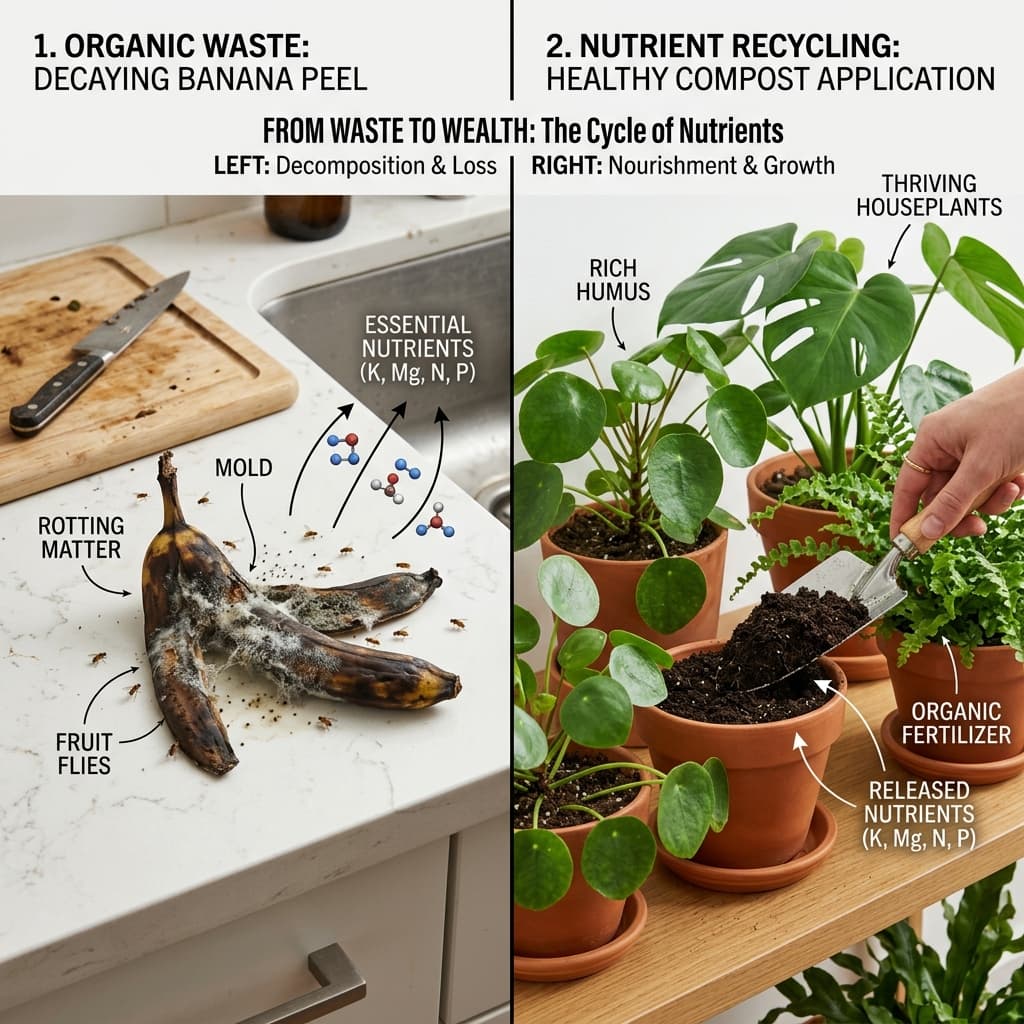 Split image showing rotting banana peel with fruit flies on left versus healthy compost being applied to thriving houseplants on right