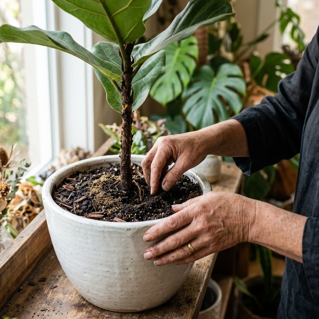 Hands gently working dark banana peel powder into the top layer of soil around the base of a Fiddle Leaf Fig in a white ceramic pot