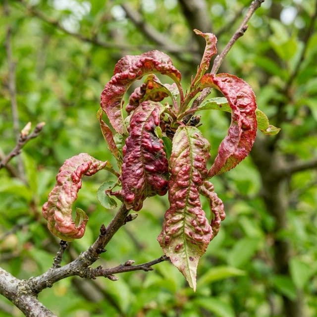 Plum tree showing dramatic leaf curl disease with reddish-purple puckered and blistered leaves
