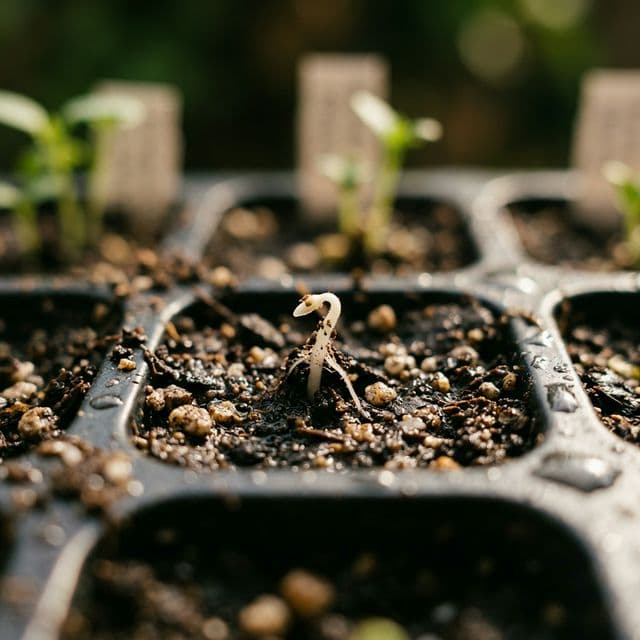 Tiny seed just germinating in a seed tray cell with white root emerging from soil