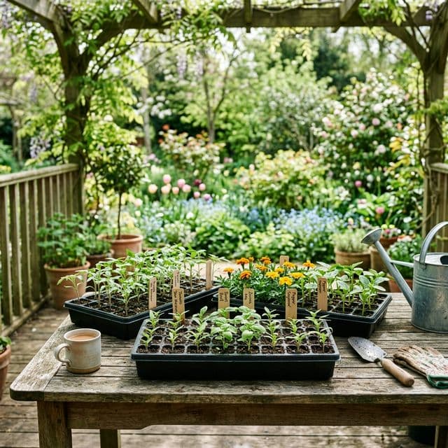 Seedling trays on a porch being hardened off in gentle spring sunlight