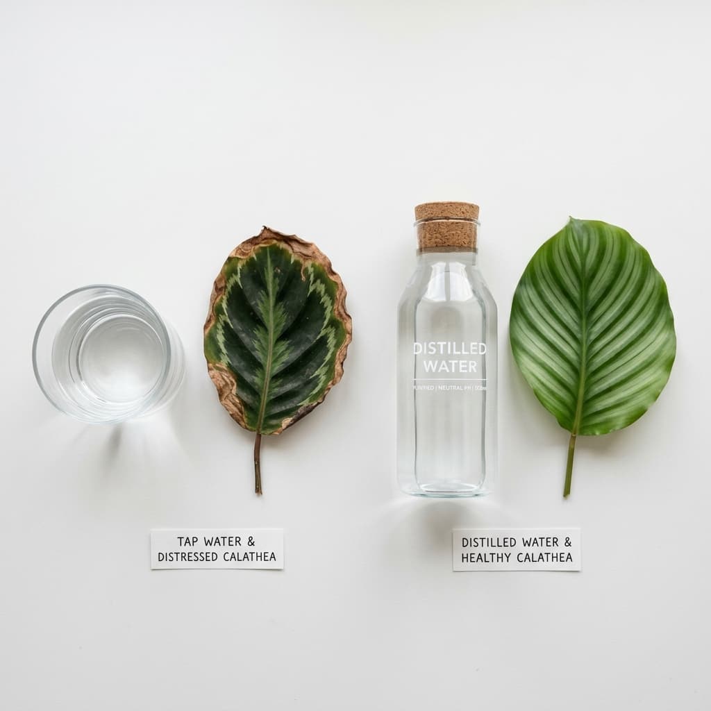 Illustrative side-by-side graphic: tap water next to a Calathea leaf with crispy brown edges versus distilled water next to a healthy Calathea leaf