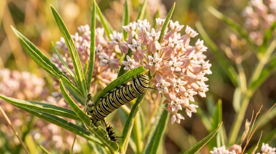 Monarch caterpillar feeding on narrowleaf milkweed (Asclepias fascicularis) with pale pink flower clusters