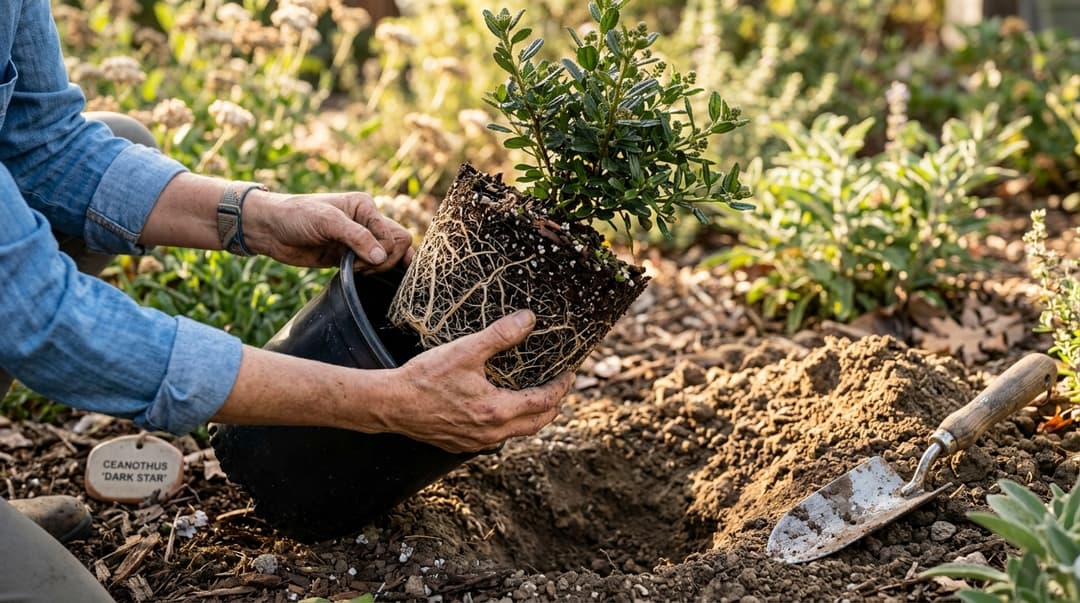 Gardener inspecting healthy white root system of a Ceanothus nursery container plant next to a properly prepared planting hole