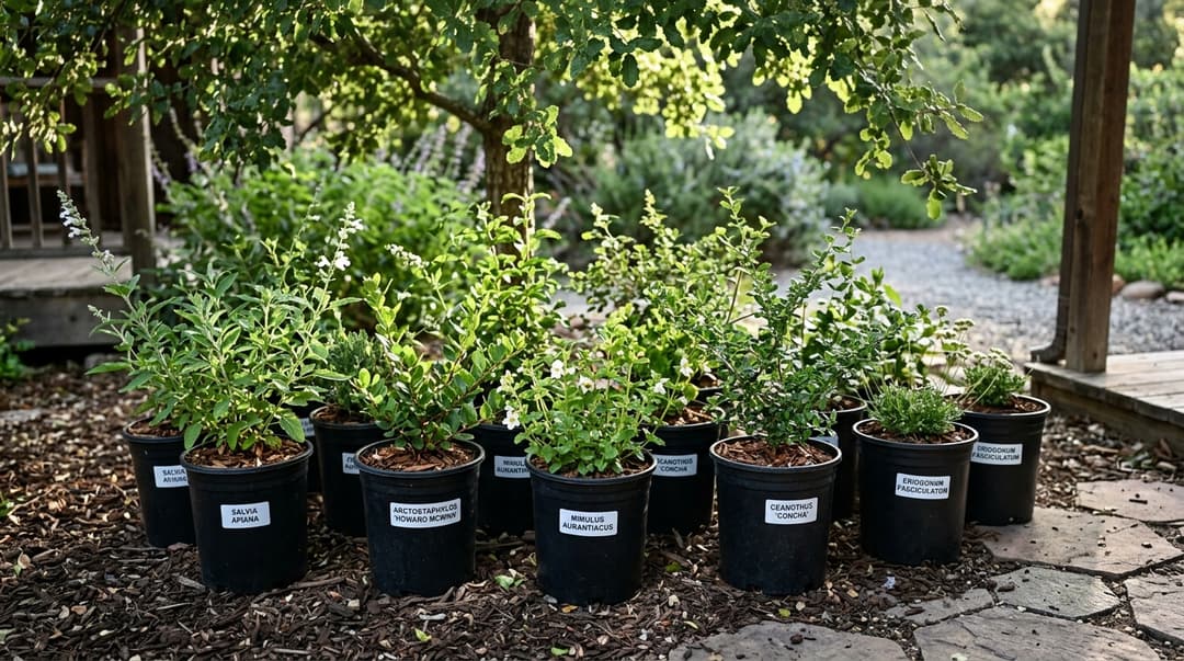 Collection of gallon nursery pots of California native plants including Salvia, Ceanothus, and Arctostaphylos staged together in dappled shade under an oak tree