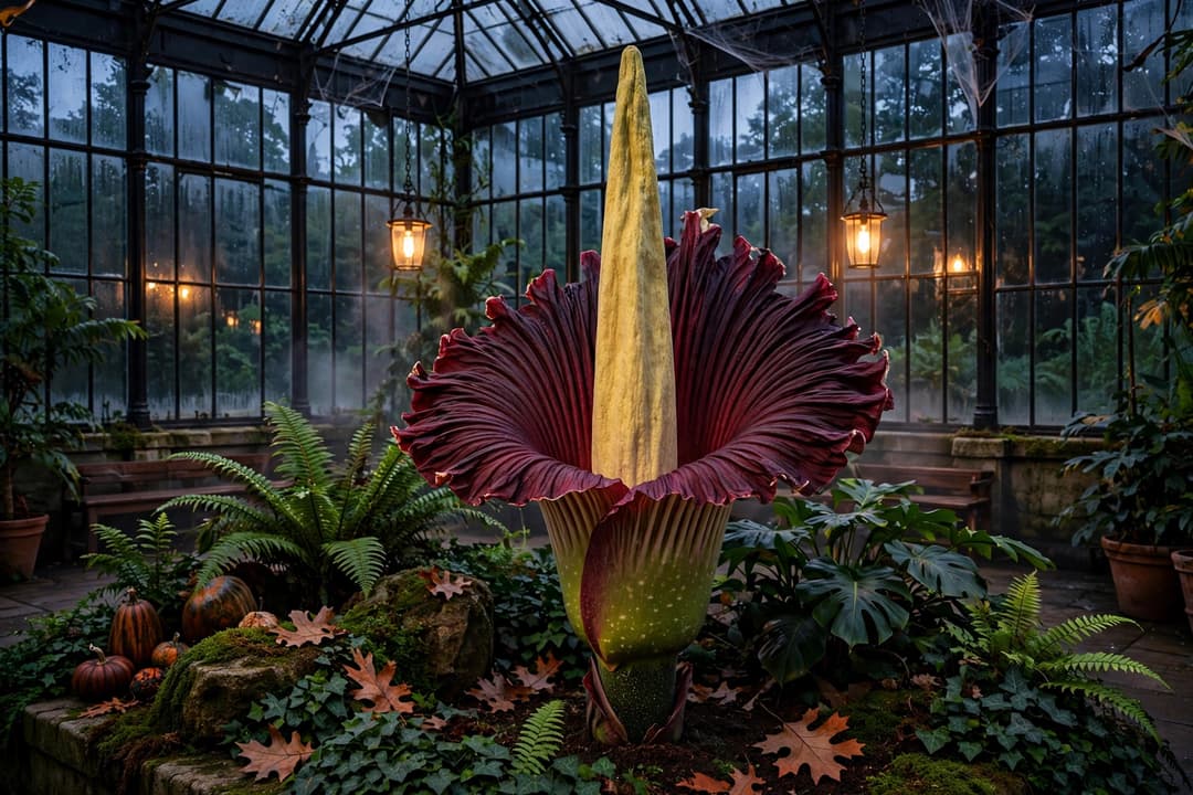 A corpse flower (titan arum) with a tall central spadix and deep maroon spathe standing in a greenhouse at dusk