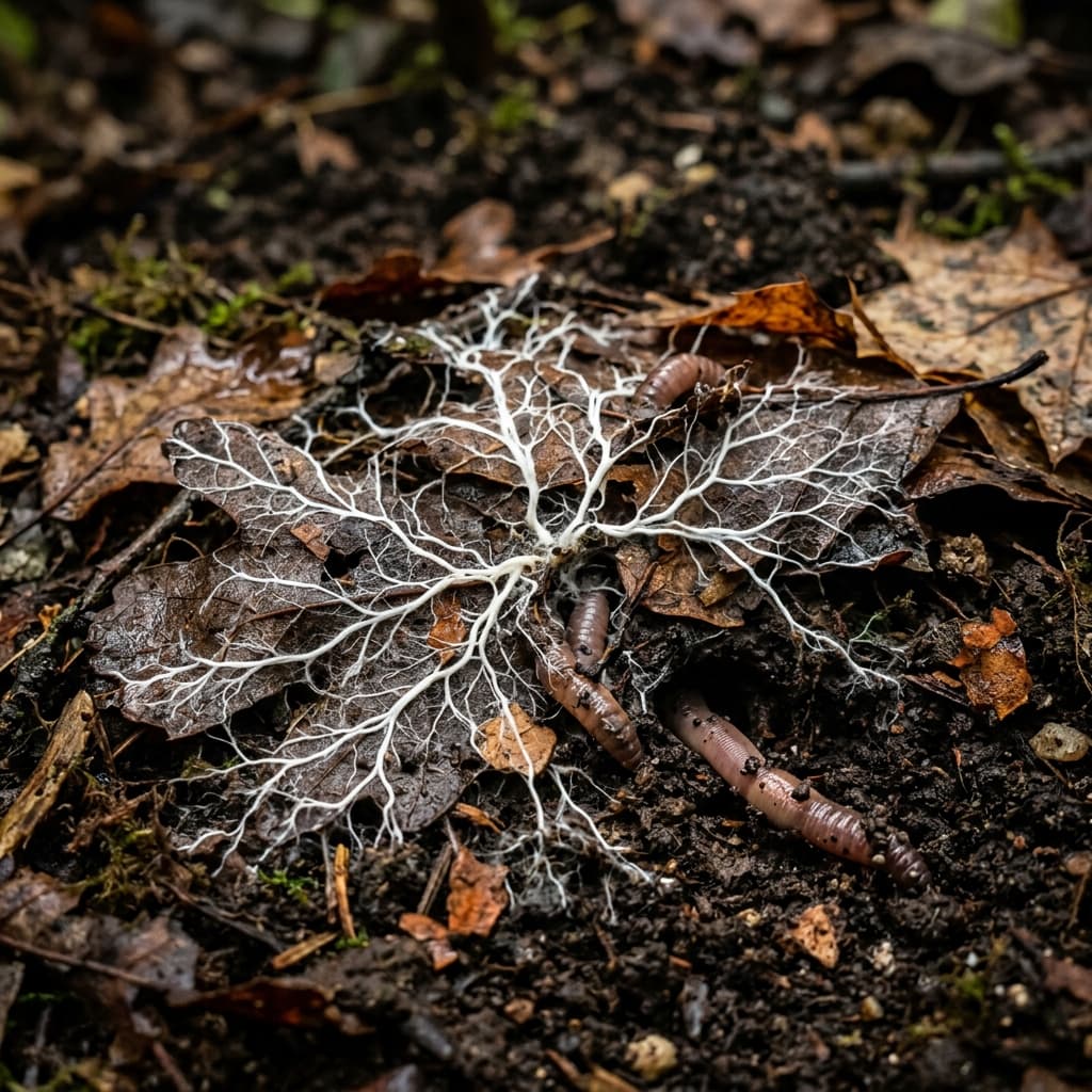 Macro photograph of white mycelium threads spreading across decomposing autumn leaves on dark soil, with earthworms visible