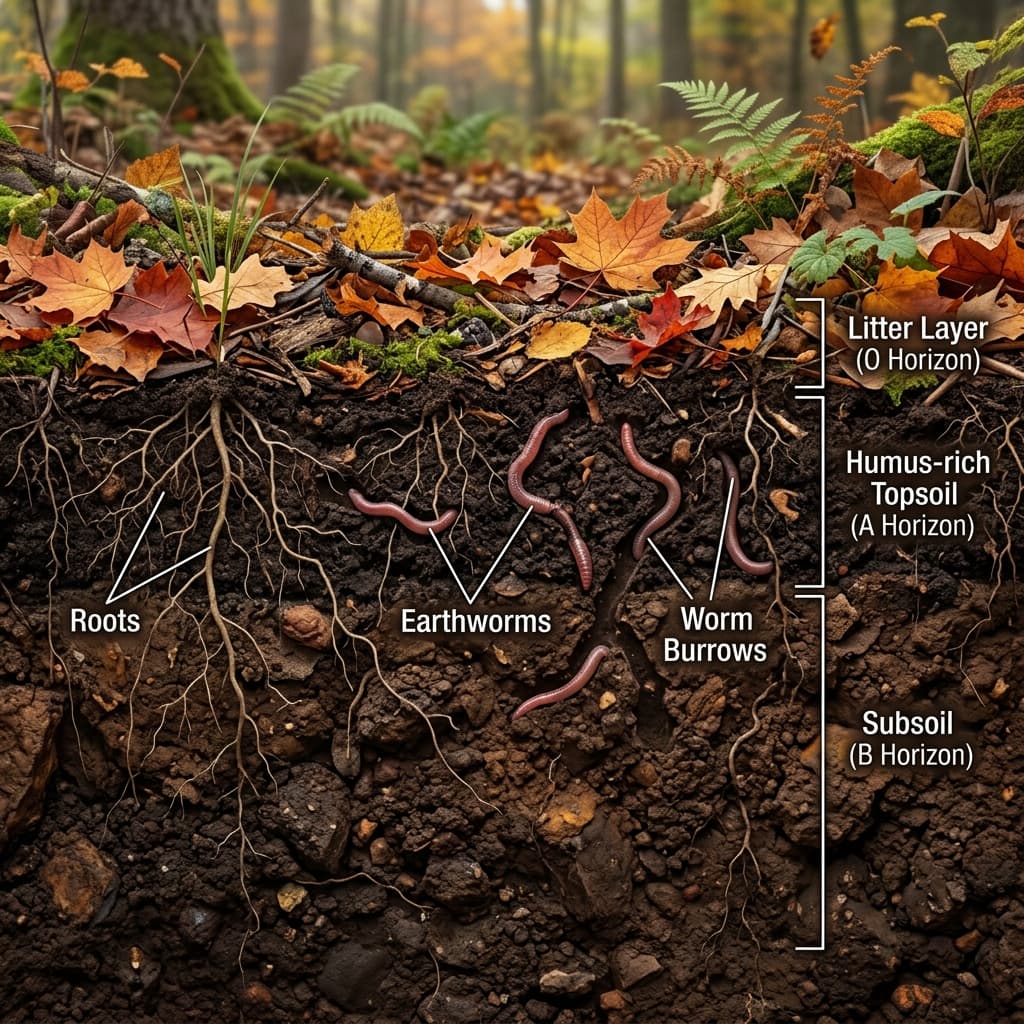 A cutaway cross-section of healthy garden soil showing leaf litter on top, dark humus below, with earthworm burrows and roots