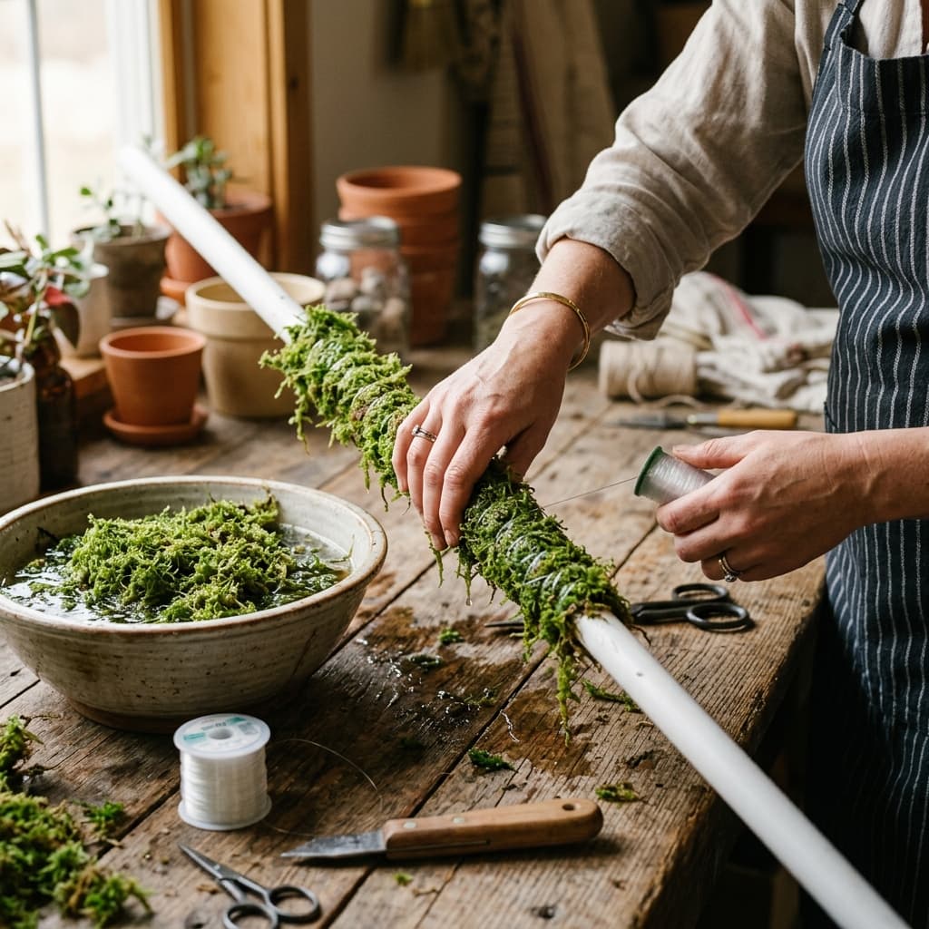 Hands wrapping wet sphagnum moss around a PVC pipe with fishing line on a workbench