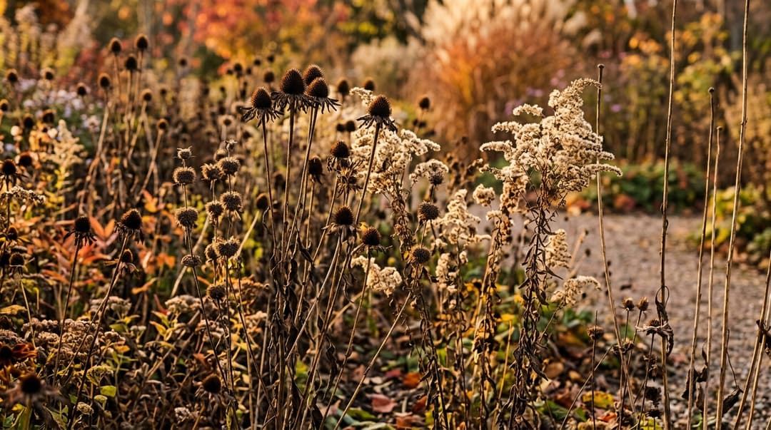 Dried standing perennial stems of coneflowers, goldenrod, and bee balm in an autumn garden border glowing in warm afternoon sunlight
