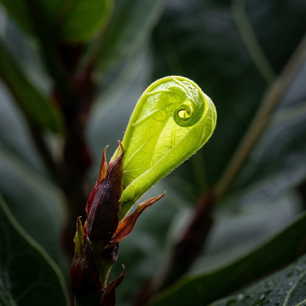 Macro close-up of a brand new bright lime-green Fiddle Leaf Fig leaf just beginning to unfurl from its bud, backlit and translucent against dark mature leaves