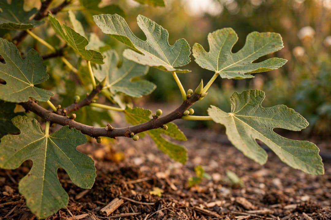 Close-up of a fig tree branch with small round breba buds forming at the leaf axils, lobed green leaves, mulch below