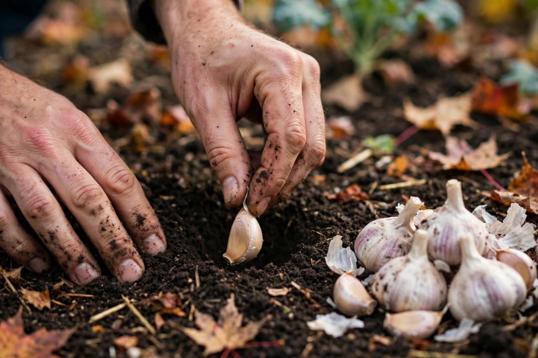 Hands planting a garlic clove pointy-end-up into dark garden soil, garlic bulbs piled nearby, fallen autumn leaves around the bed