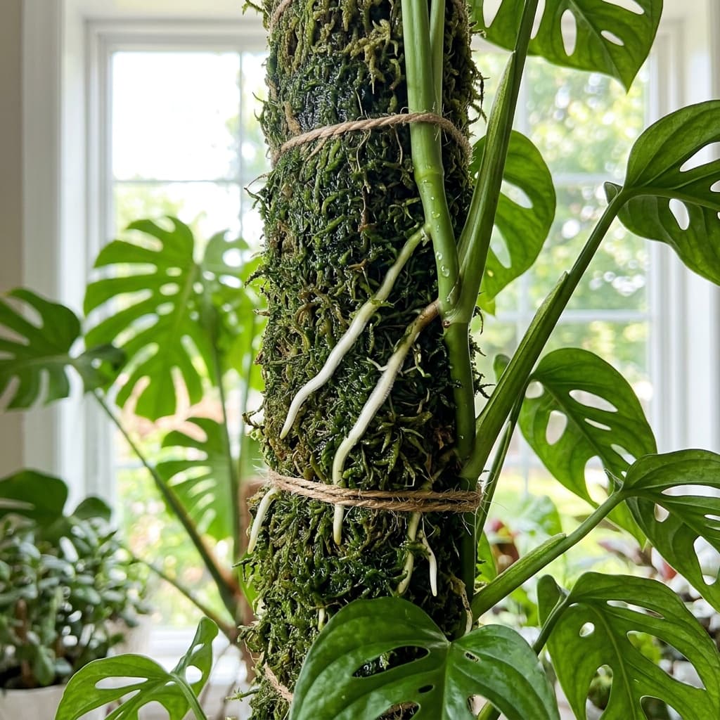 Monstera aerial roots growing toward a moist sphagnum moss pole