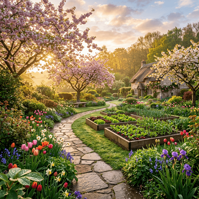 Beautiful garden at sunrise