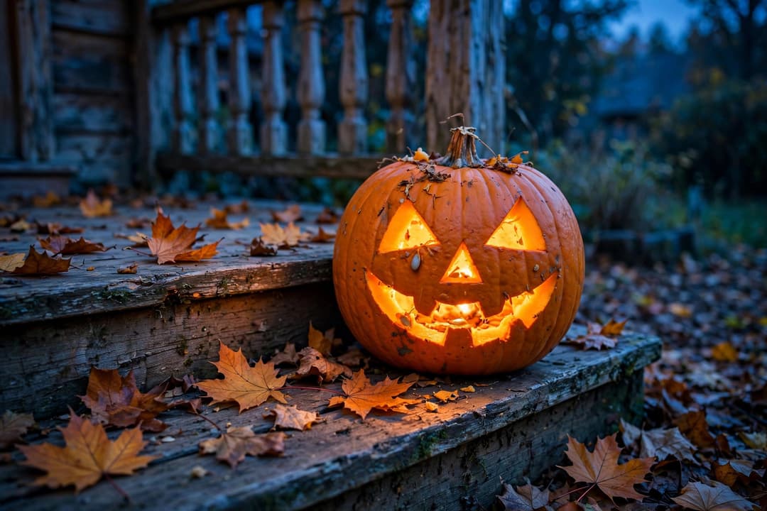 A freshly carved jack-o'-lantern glowing on a wooden porch step at dusk, surrounded by fallen autumn leaves