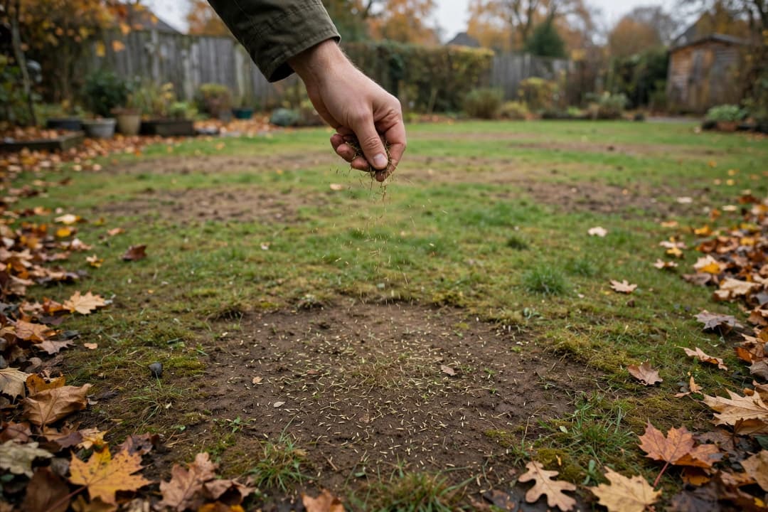 A hand scattering grass seed over a bare brown patch in a patchy October lawn, fallen autumn leaves around the edges