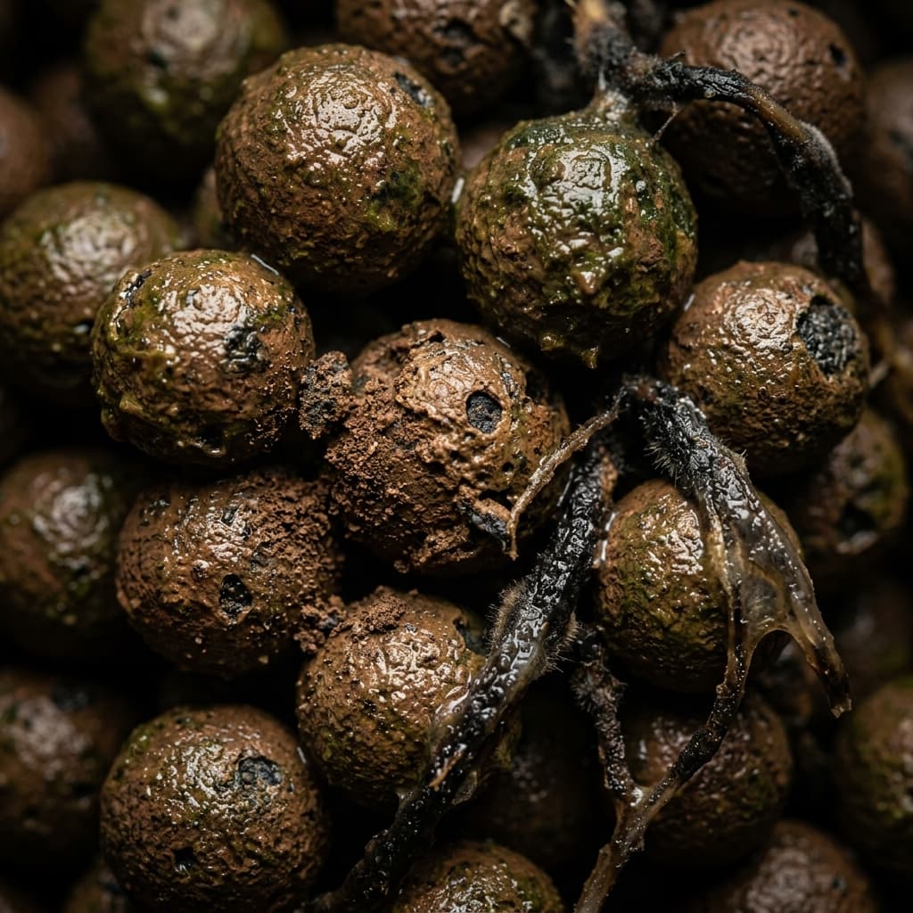 Close-up of LECA pebbles with brown and green biofilm coating and darkened root fragments between them