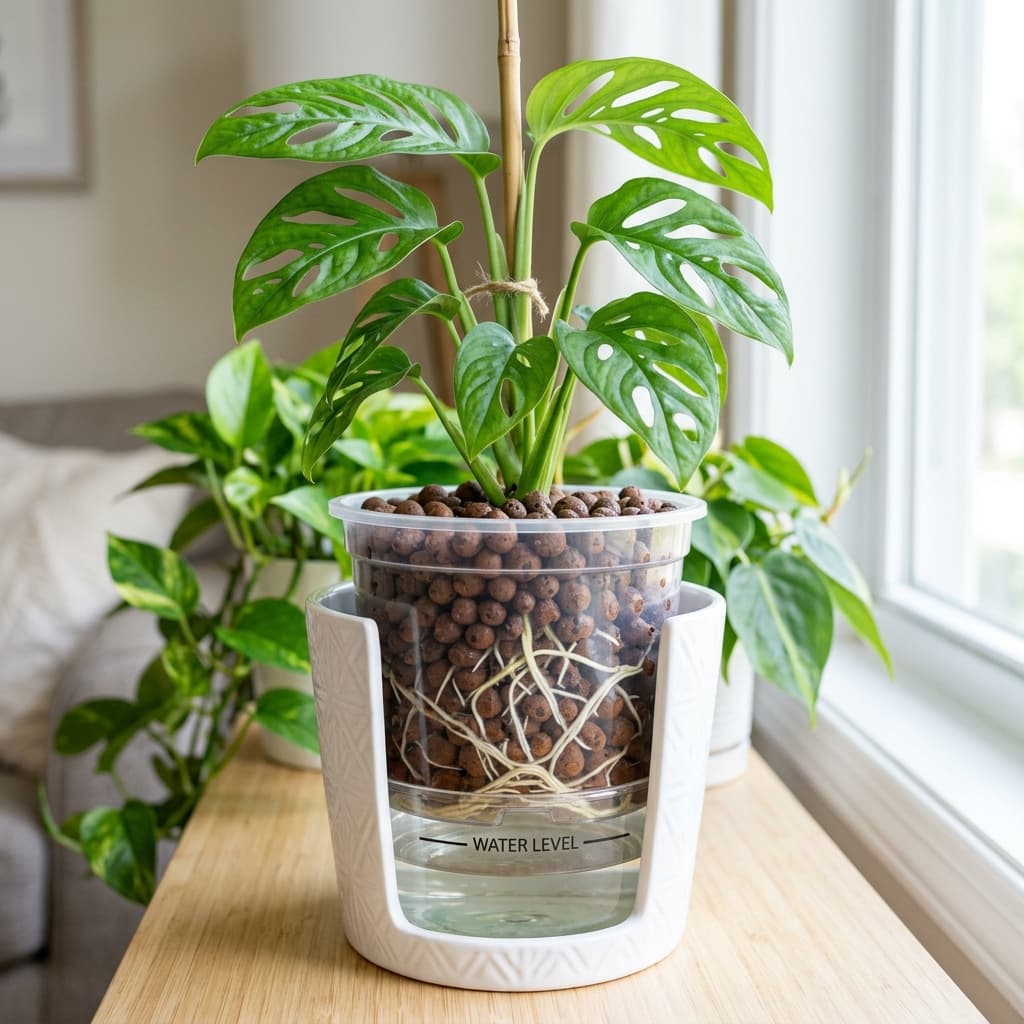 A well-set-up LECA semi-hydro system in a clear nursery pot inside a decorative outer pot, showing clean water at a low level with roots visible above the waterline