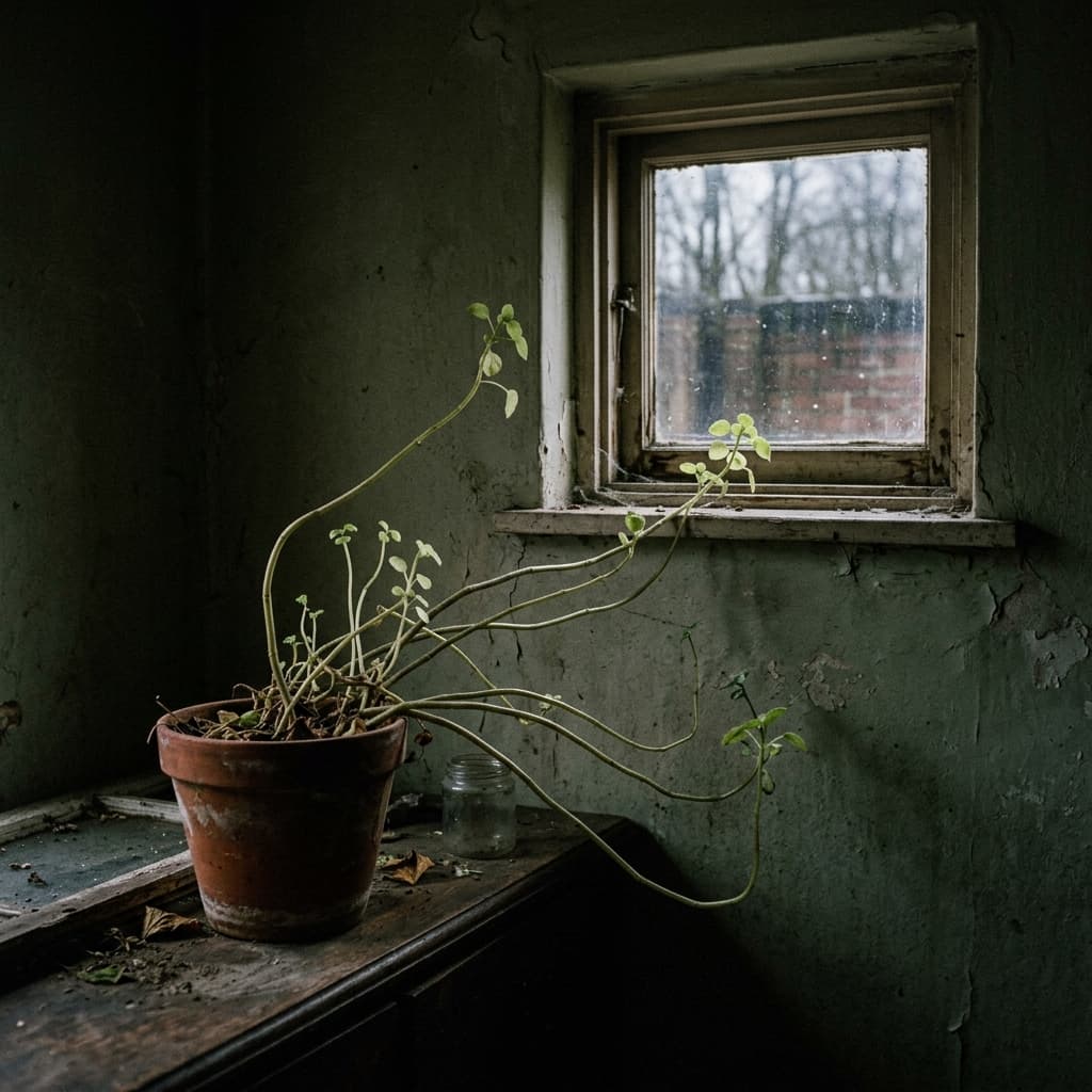 A leggy houseplant stretching towards a small window due to poor indoor lighting