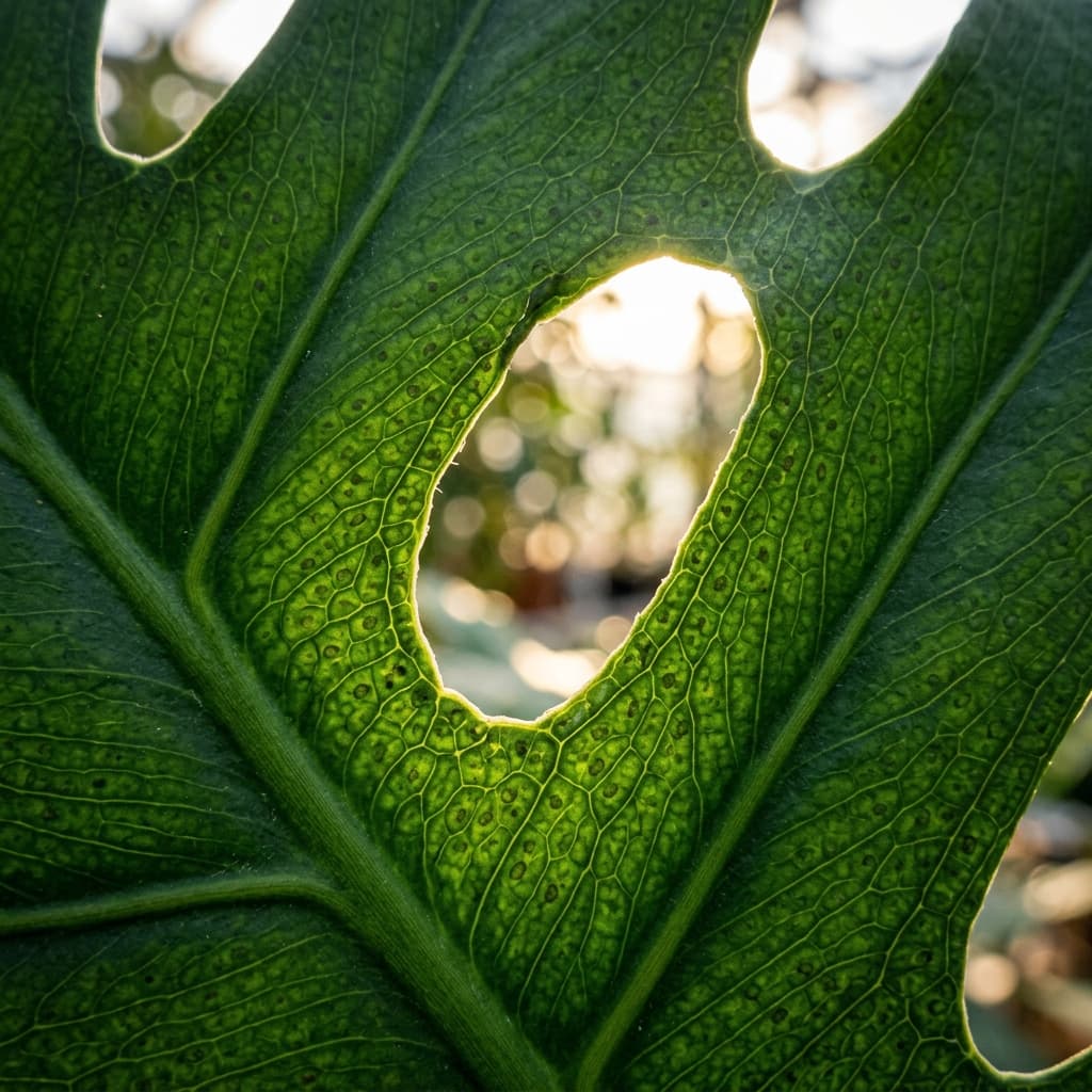 Extreme macro close-up of a Monstera leaf fenestration with emerald green cell detail and light shining through the natural splits