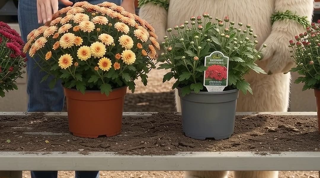 Two potted garden mums side by side on a garden-center bench: a full-bloom orange-yellow mum dome on the left and a bud-covered mum with a plant tag on the right