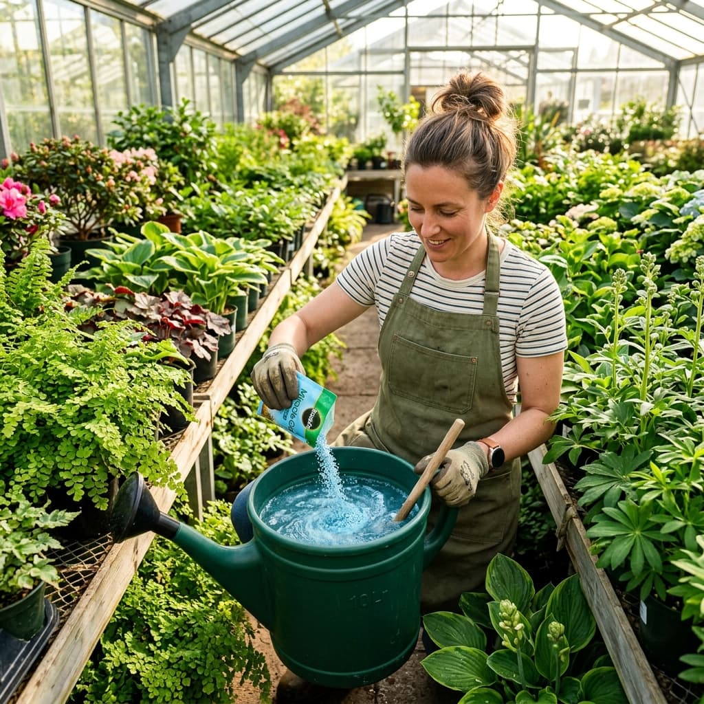 A professional nursery worker dissolving water-soluble fertiliser into a large watering can surrounded by rows of lush, thriving spring plants inside a bright greenhouse