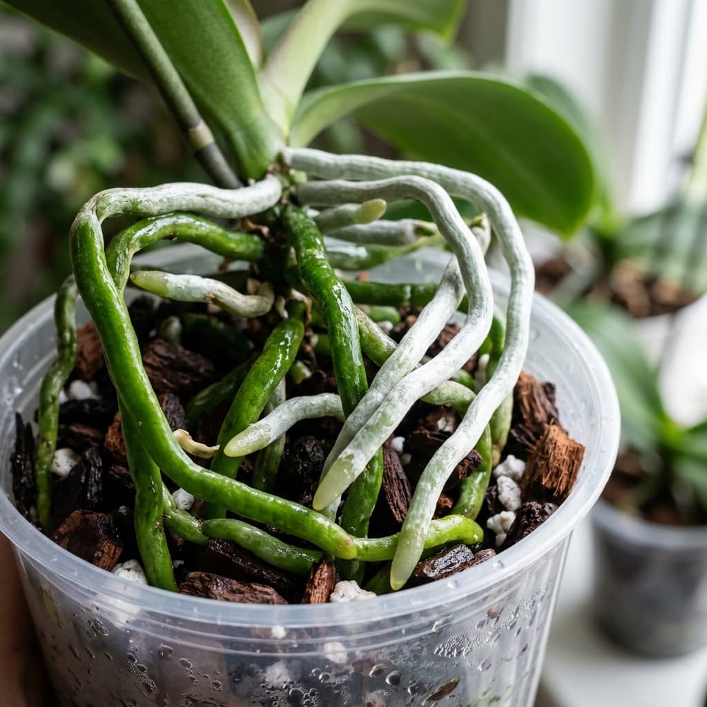 Close-up of Phalaenopsis orchid roots visible through a clear pot, some vibrant green from recent watering and others silvery-white indicating they are ready for water, all plump and firm