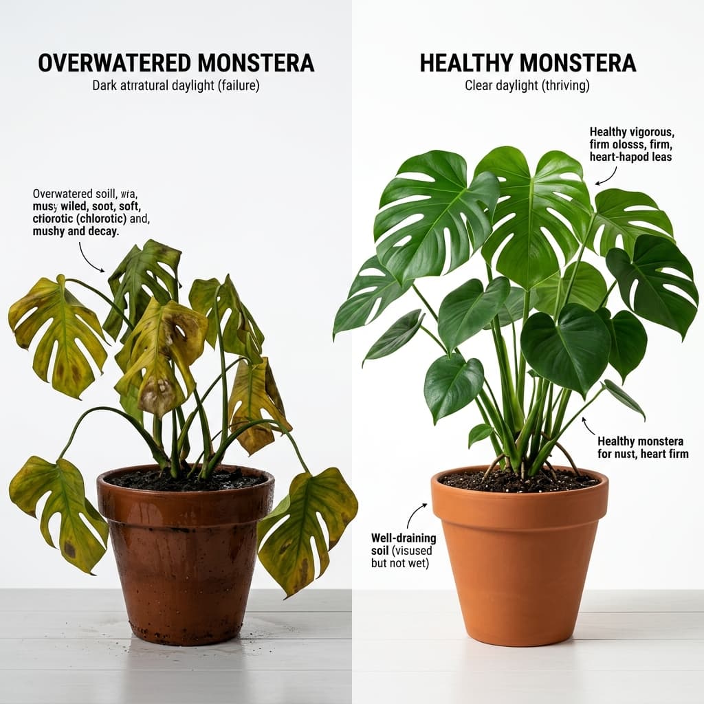 Illustration comparing an overwatered plant with drooping yellow leaves versus a healthy thriving plant