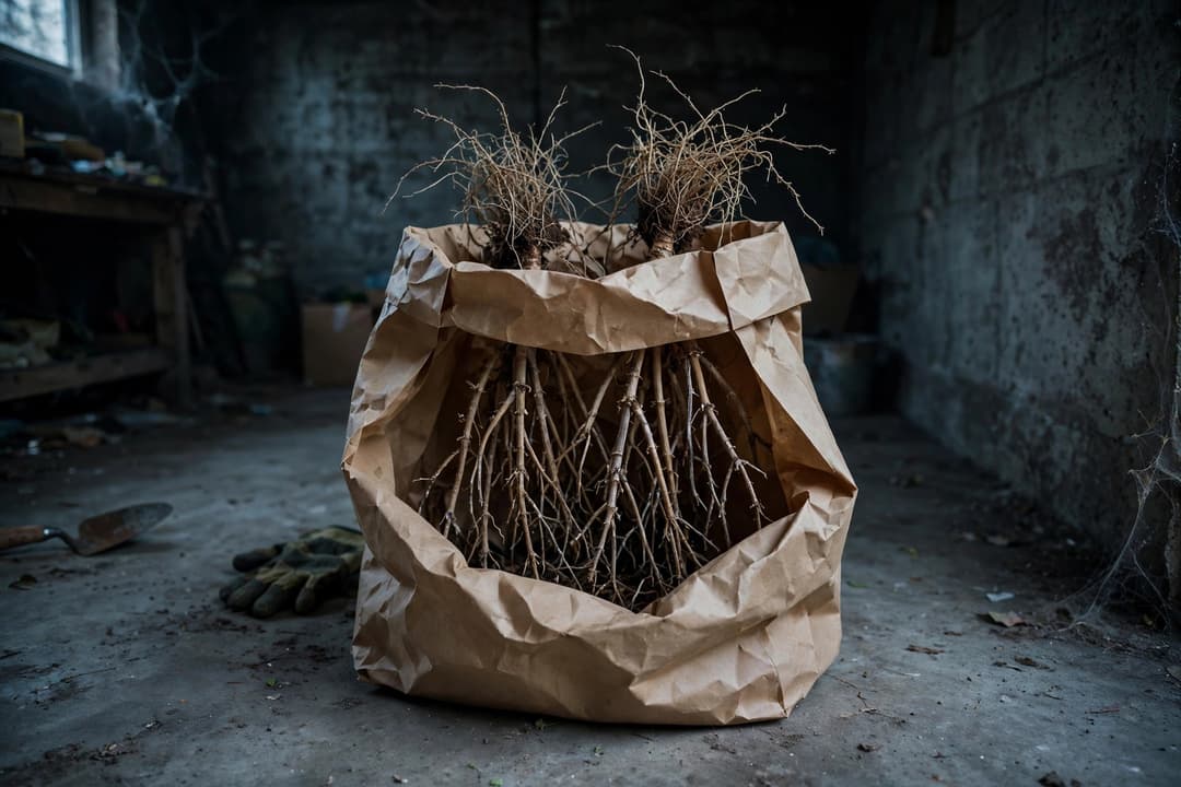 Leafless dormant geranium stems with bare roots stored upside down in an open brown paper bag in a cool dark garage