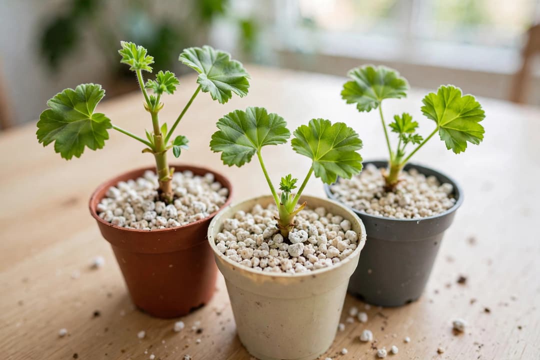 Small green geranium stem cuttings rooted in small pots of pale perlite potting mix on a bright indoor table