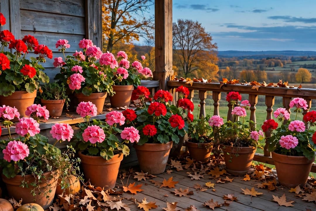 Red and pink potted geraniums in terracotta pots on a wooden porch in autumn, with fallen leaves on the deck