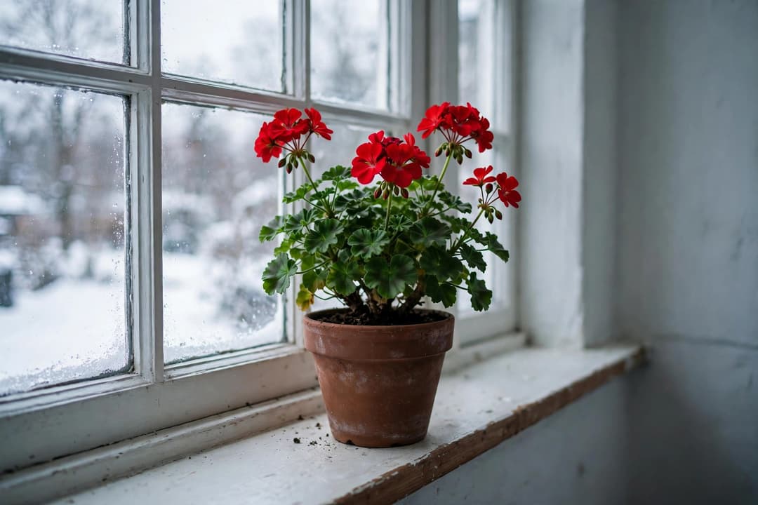 A potted red geranium on a bright indoor windowsill in winter, compact and green