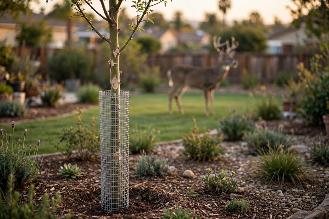A young tree in a mulched garden bed with a rigid mesh trunk guard seated at the soil line, fresh pale antler scrape marks on the bark above the guard, and a buck blurred in the background