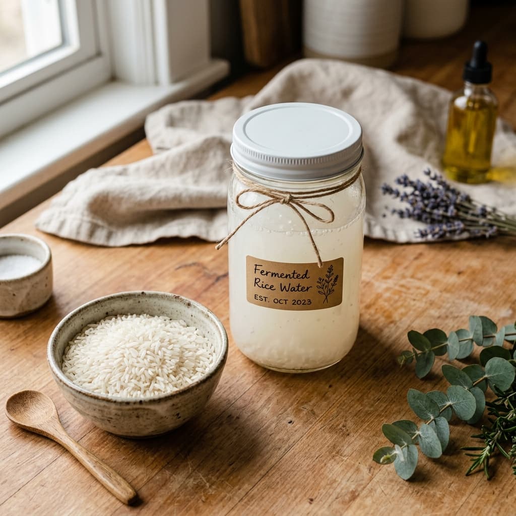 A sealed glass mason jar of milky cloudy fermented rice water on a wooden kitchen counter next to a ceramic bowl of uncooked white rice