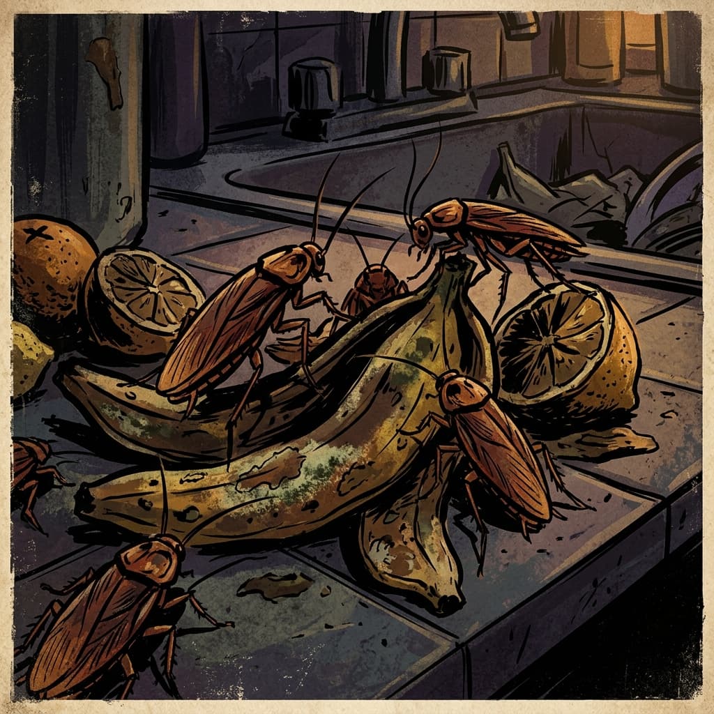 Illustration of cockroaches swarming around rotting banana peels and citrus rinds on a kitchen counter at night