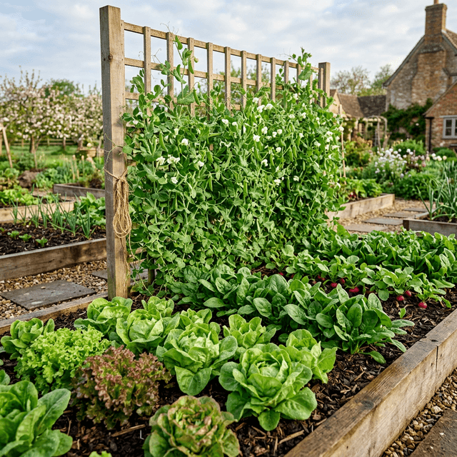 Spring garden with peas on a trellis, lettuce, and radishes