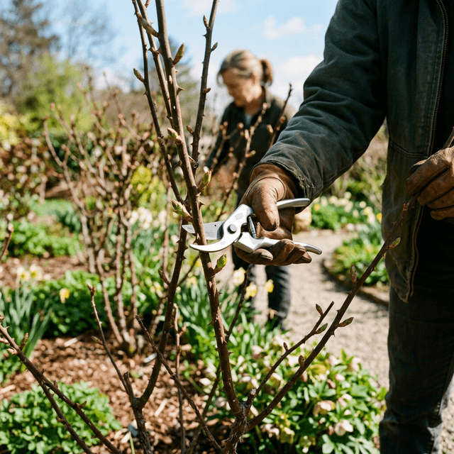 Gardener pruning shrubs with bypass pruners in spring