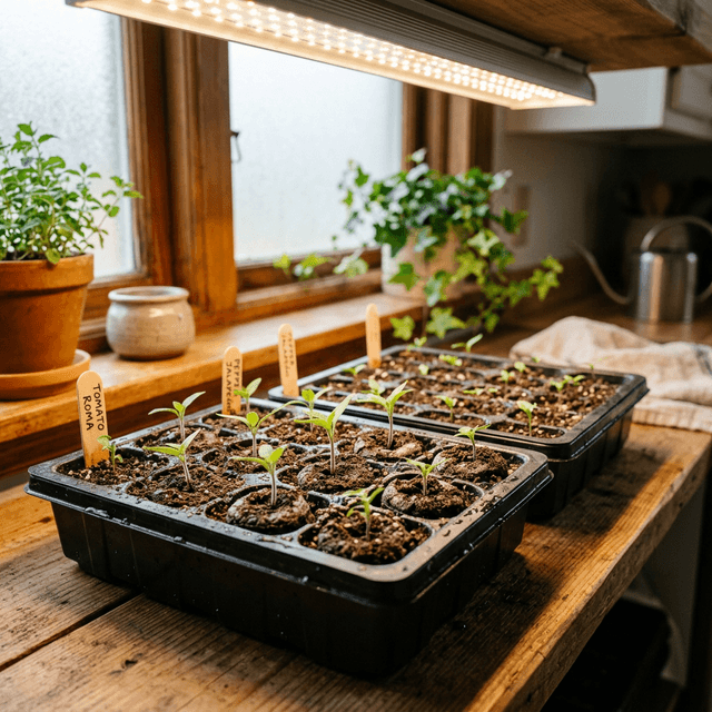 Tomato and pepper seedlings in trays under grow lights
