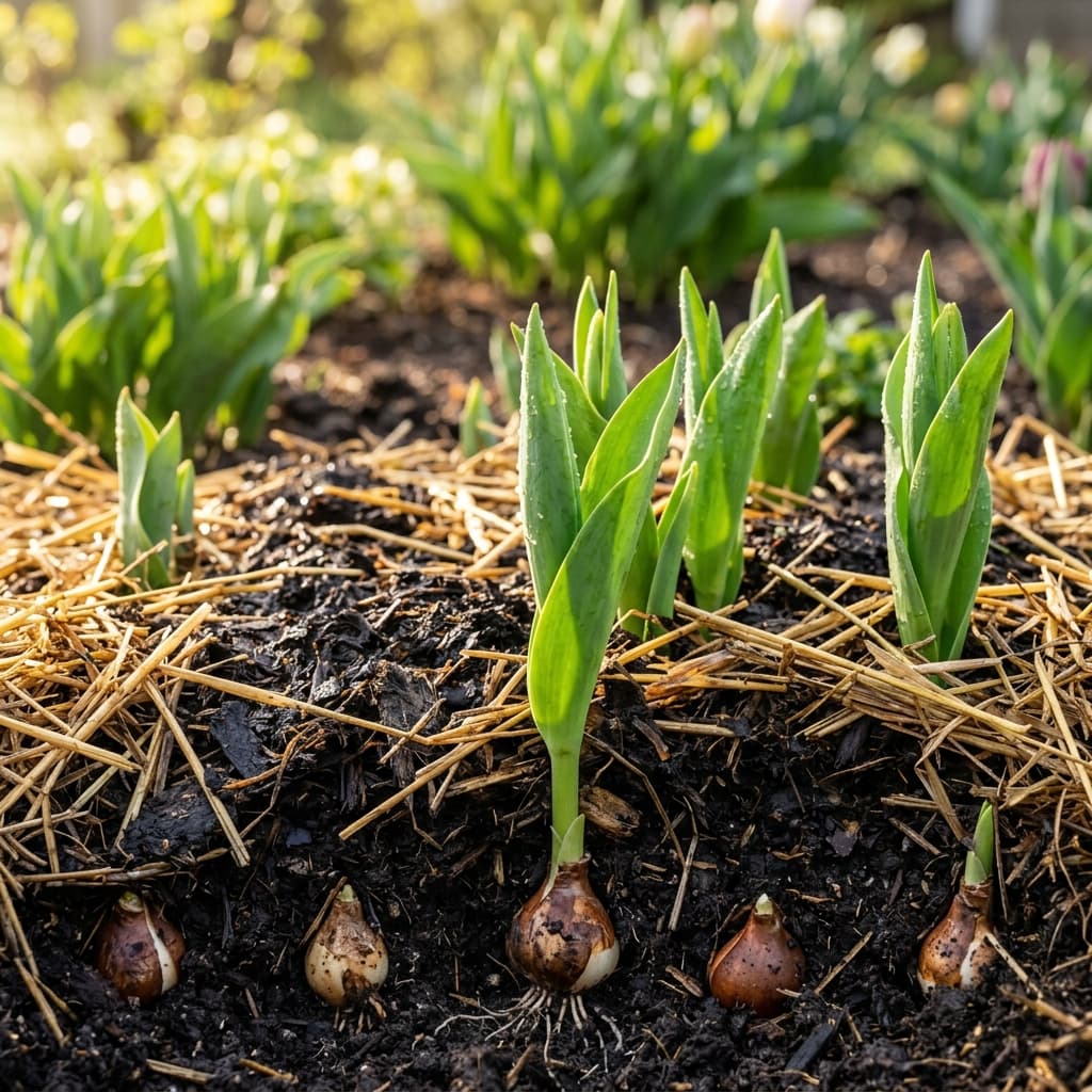 Close-up of spring garden bed with shallow-planted tulip bulbs just below the surface surrounded by rich compost and straw mulch, with strong green shoots emerging