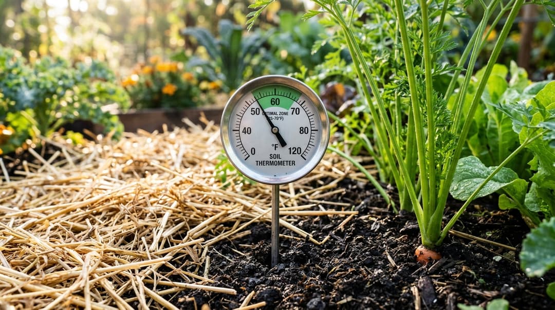 Close up of dial soil thermometer inserted 4 inches deep into rich dark soil under clean straw mulch reading 60 degrees Fahrenheit in the optimal green growth zone