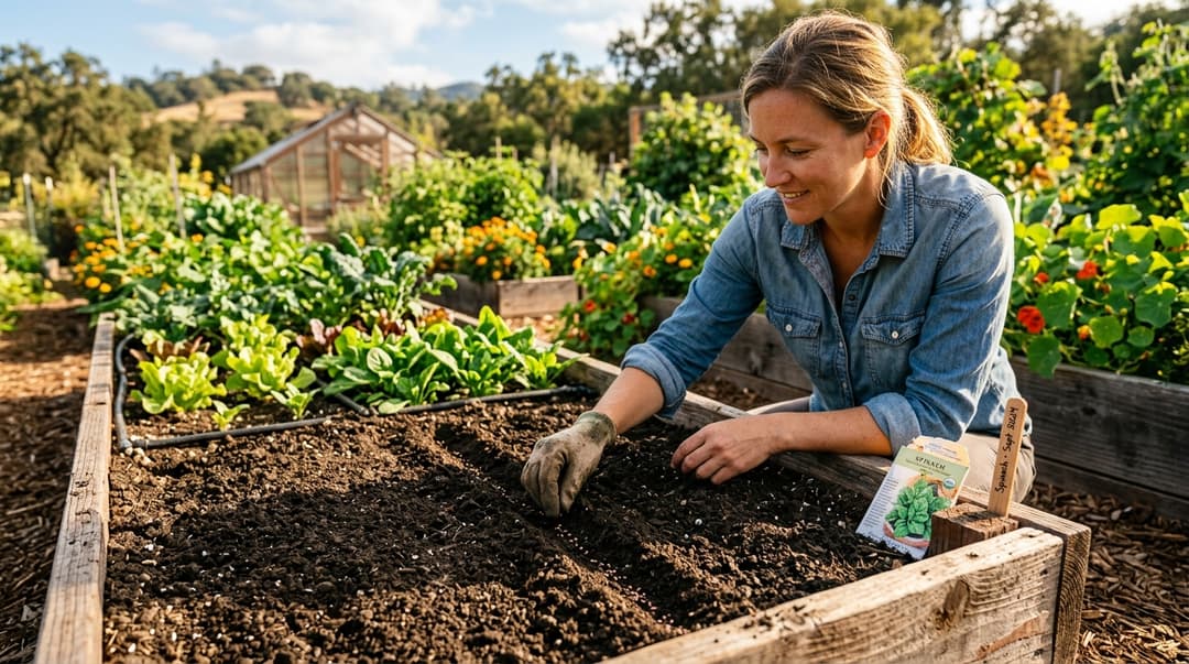 Gardener gently sowing spinach seeds into a furrow of dark garden soil in a raised bed during late September under warm afternoon light