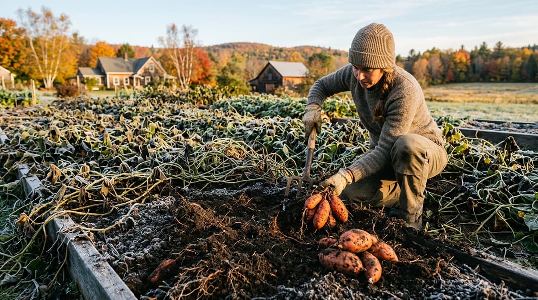 Gardener harvesting sweet potatoes with a digging fork from a frost-covered garden bed on a crisp autumn morning
