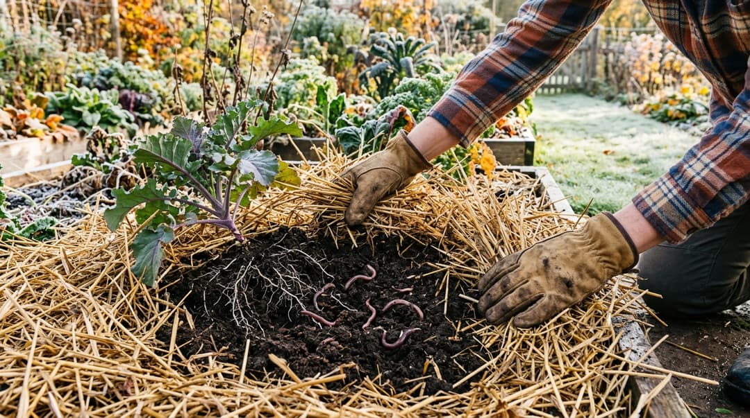 Gardener in autumn garden gently parting straw mulch to reveal warm dark soil underneath thriving with healthy white feeder roots and earthworms