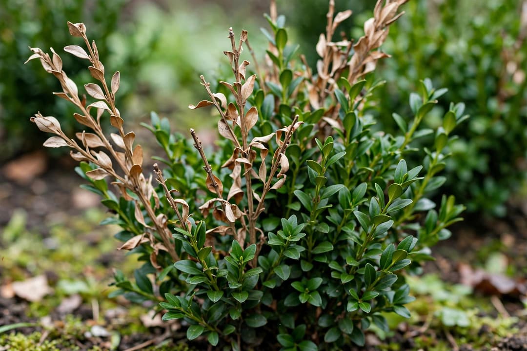 Boxwood shrub with light-tan dead twig tips whose foliage is still attached, next to healthy deep-green growth